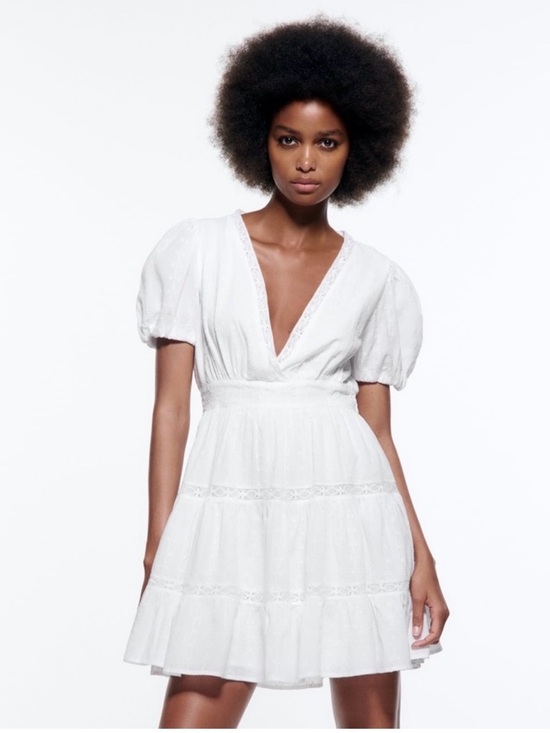 Dresses & Skirts - Zara White Cotton Short Sleeve Mini Dress Lace Trim